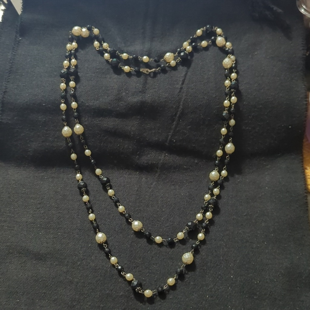 Silver Tone White and Black Beaded Long Statement Necklace